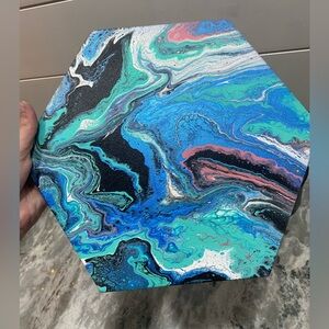 Abstract Hexagonal Canvas Art in Metallic Blue and Teal